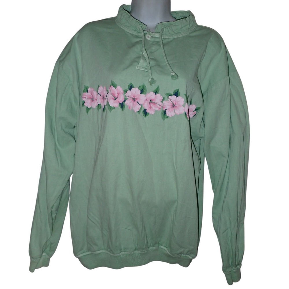 Crazy Shirts Key Lime Dyed Hibiscus Floral Pullover‎ Mock Neck Mens M Vintage